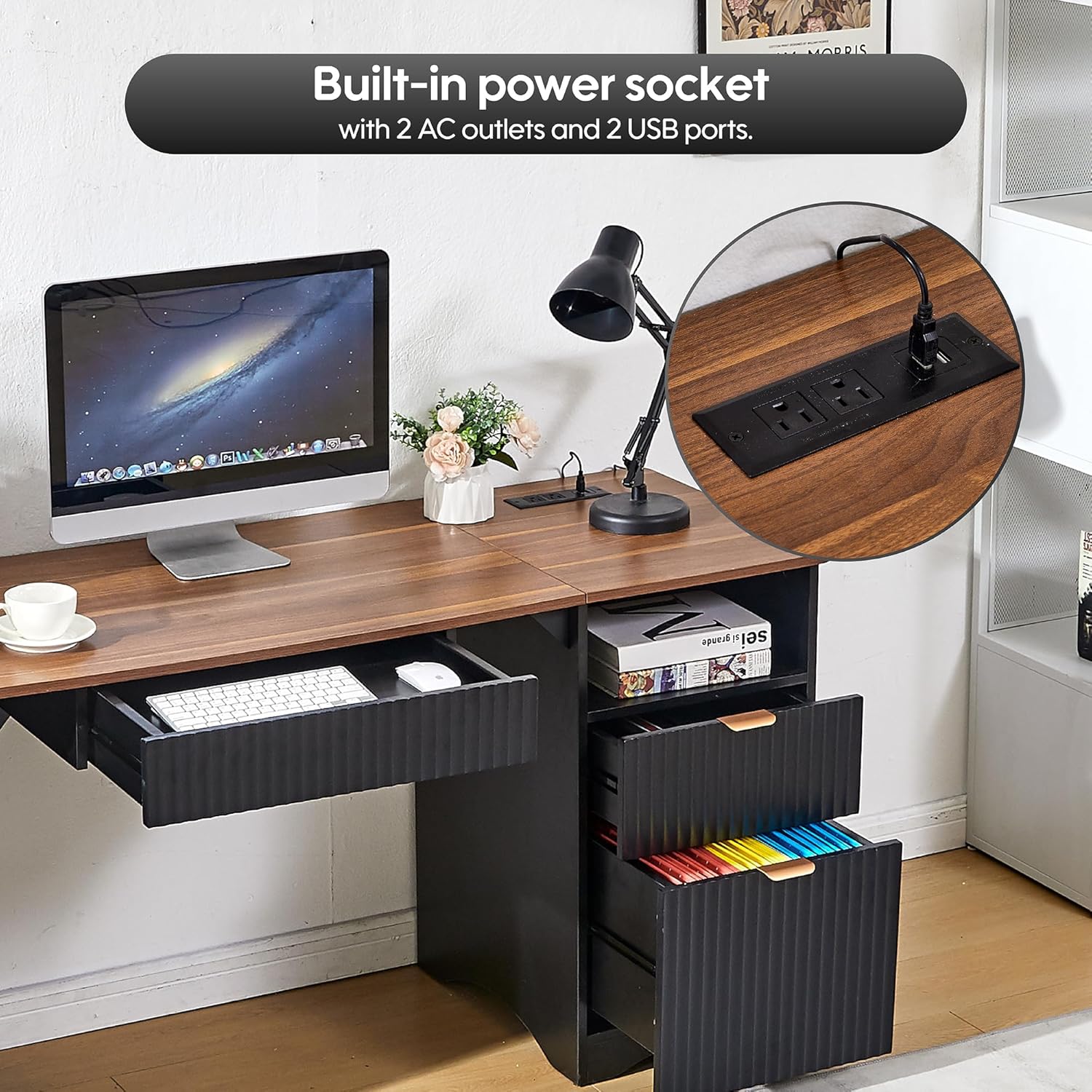 55" Computer Desk with Keyboard Tray, Modern Office Desk with Power Outlets, 2-in-1 Main Drawer & Adjustable File Drawer, Fluted Design Home Office Desk (Walnut with Black)