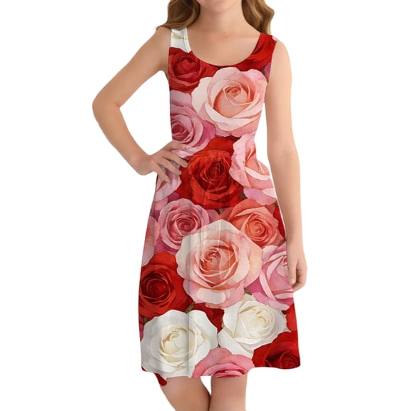 Ruyang Hawaiian Dresses for Teen Girls Bowknot Strap Flower Print Sleeveless Vest Dresses Summer Casual Beach Vacation Sundress