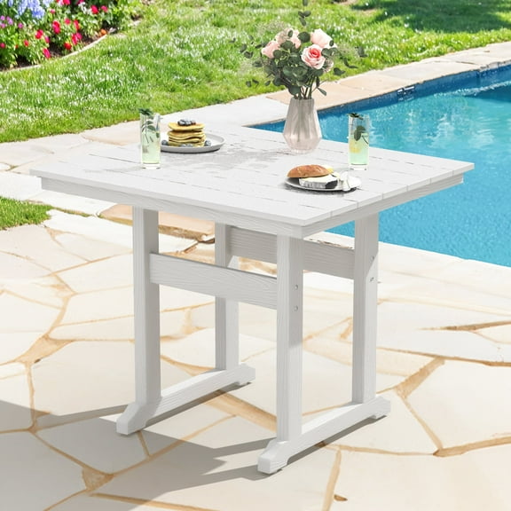 DYCANPO 35'' Outdoor Dining Table with Umbrella Hole, HDPS Square Patio Table, White