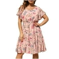 thumbnail image 2 of Usmixi Formal Dresses for Women Party Vintage Elastic Waist Ruffle Swing Plus Size A Line Dresses Square Neck Short Sleeve Floral Summer Mini Dress Pink XXL, 2 of 7