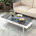 thumbnail image 3 of Rectangle Coffee Table, Modern Double Layer Center Table with Tempered Glass Tabletop and White Metal Legs, Tea Table for Living Room Home Office, Gray Glass, 3 of 11