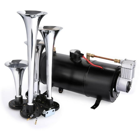 Train Horns Kit For Trucks 120PSI 4 Trumpet Train Air Horn Kit Compressor Loud 150DB 12V Compressor Gauge Almost Any Vehicle Trucks Car SUV HFON ()