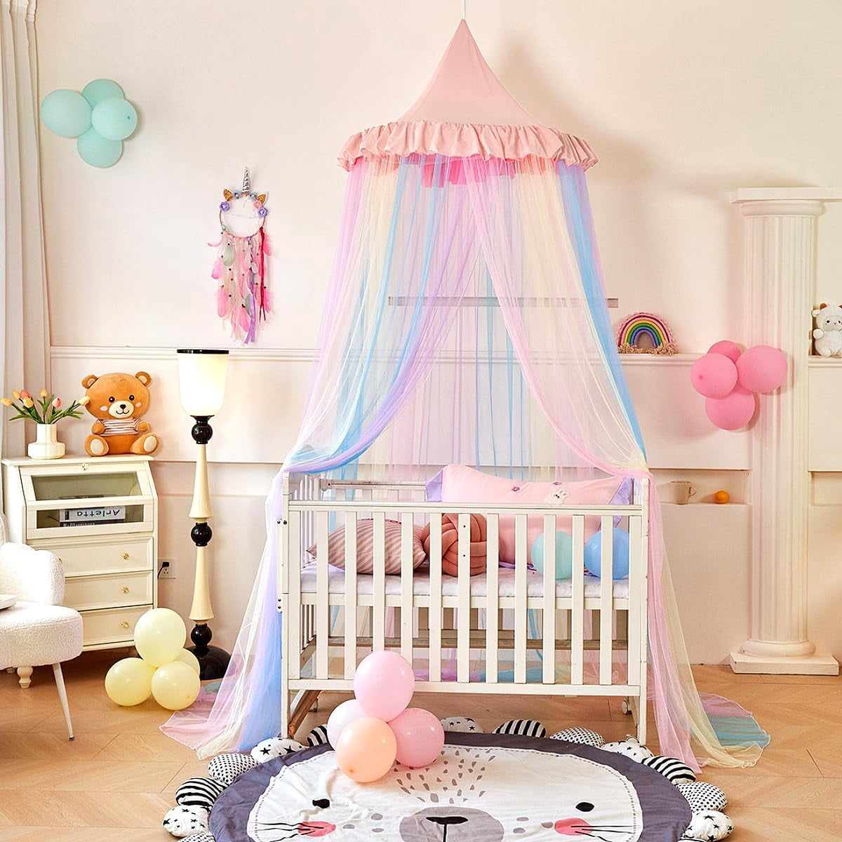 Rainbow Bed Canopy for Girls Dreamy Mosquito Net for Bed Round Dome Princess Bed Canopy Girl Room Play Tent Kids Canopy Bed Netting Curtains (Single Layer- Pink)