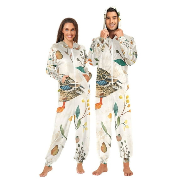 Ducks Leaves Adult Onesie Pajamas Slim Fit Christmas One Piece Suit Pjs for Women and Men Hooded Zipper