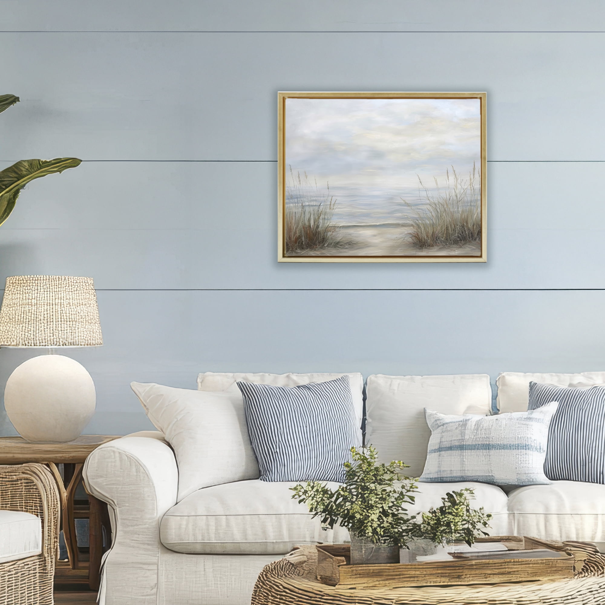Stupell Industries Silent Beach with Seaside Dunes Gold Framed Floater Canvas Wall Art, design by Petal Prints Design