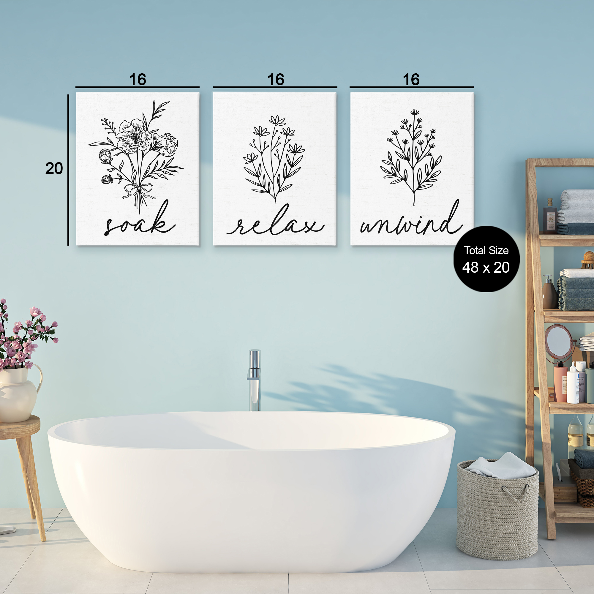Bathroom Herbs for Relaxation 3 Piece Canvas Wall Art Set, design by Lettered and Lined