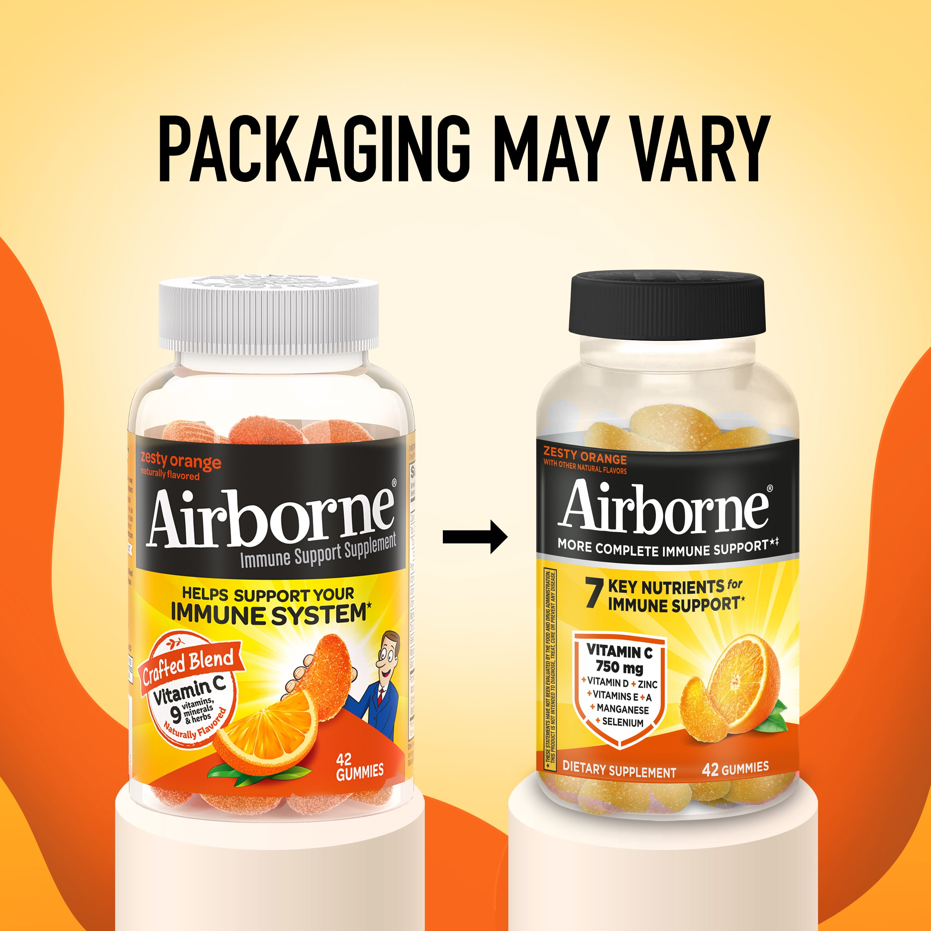 (3 pack) Airborne 750mg Vitamin C Immune Support Gummies, Zesty Orange Flavor, 42 Count
