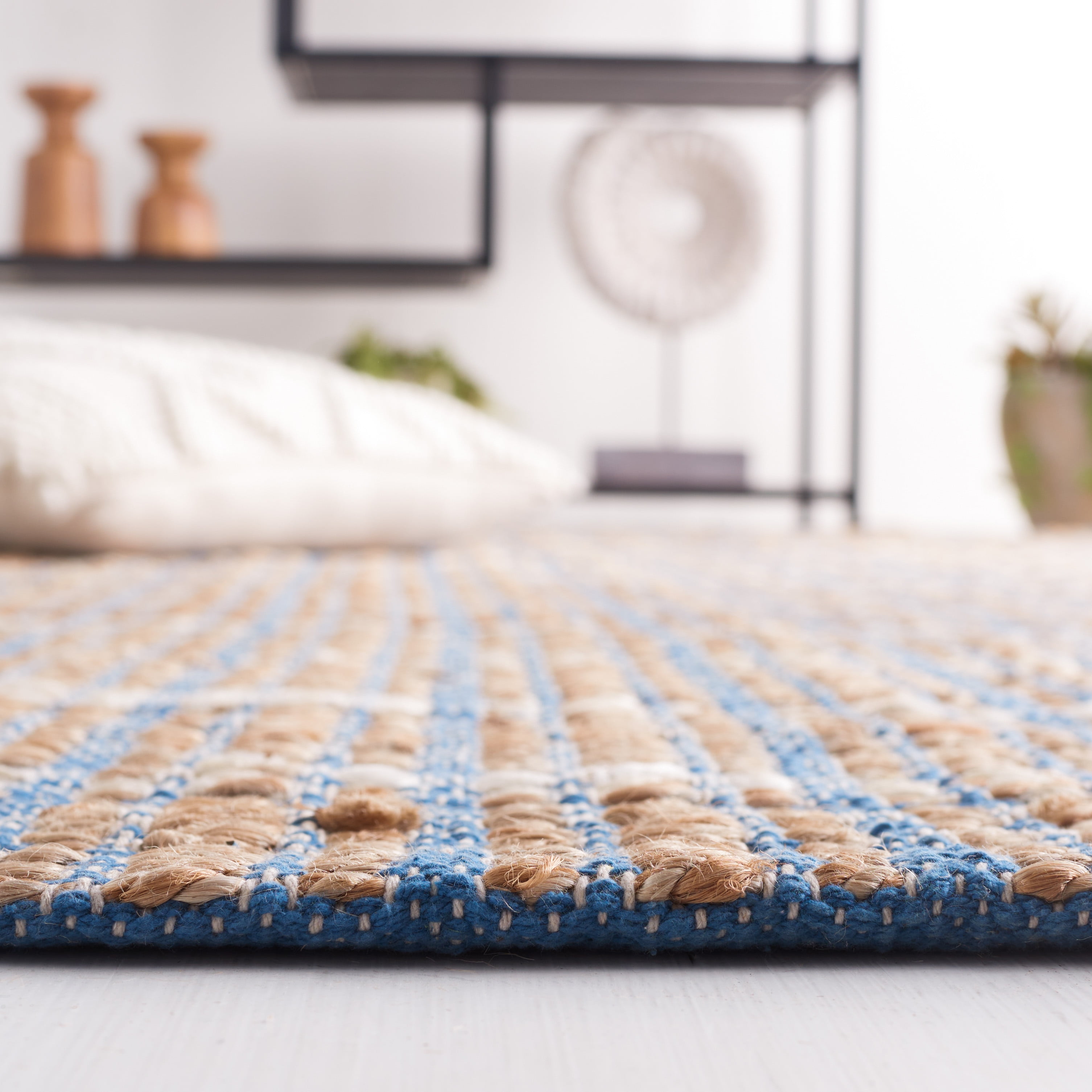SAFAVIEH Natural Fiber Kostadin Striped Area Rug, Blue/Natural, 6'6" x 6'6" Square