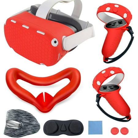 Compatible with Oculus Quest 2 Silicone Case Accessory with VR Case Cover, Silicone VR Face Cover Pad and Touch Controller Grip Cover Compatible with Quest 2, Disposable Eye Cup (Red)