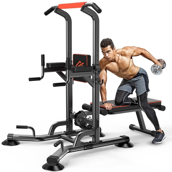 SQUATZ Pull-Up Workout Station with Bench - Multifunctional Gym Equipment Setup w/Pulling Bar, Sit-Up Board, Backrest, Elbow Pad, & Steel Main Frame, Great for Home Exercise and Weight Training