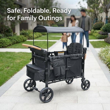 Wagon Stroller for 4 Kids, Quad Push Wagon with Canopy, Adjustable Handlebar, Foot Brake & Storage Bags for Outdoor Camping