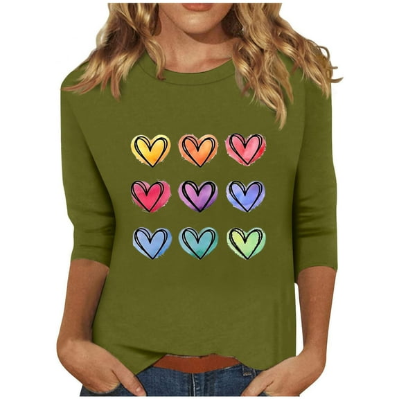 CaiJunJia Long Sleeve Tops,Womens Tops Casual Seven Quarter Sleeve Shirts Crew Neck Loose Casual Blouses Love Graphic Print Tshirts