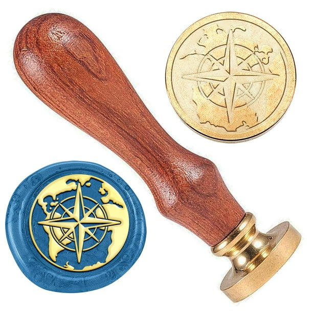 Sello de lacre con brújula y mapa mundial, sello en relieve, removible, cabezal de latón de 1 pulgada con mango de madera