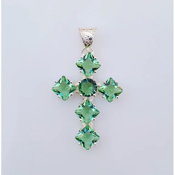 Light Green Topaz Cross Pendant 925 Sterling Silver Polished Handmade Gemstone Jewelry 2.20"