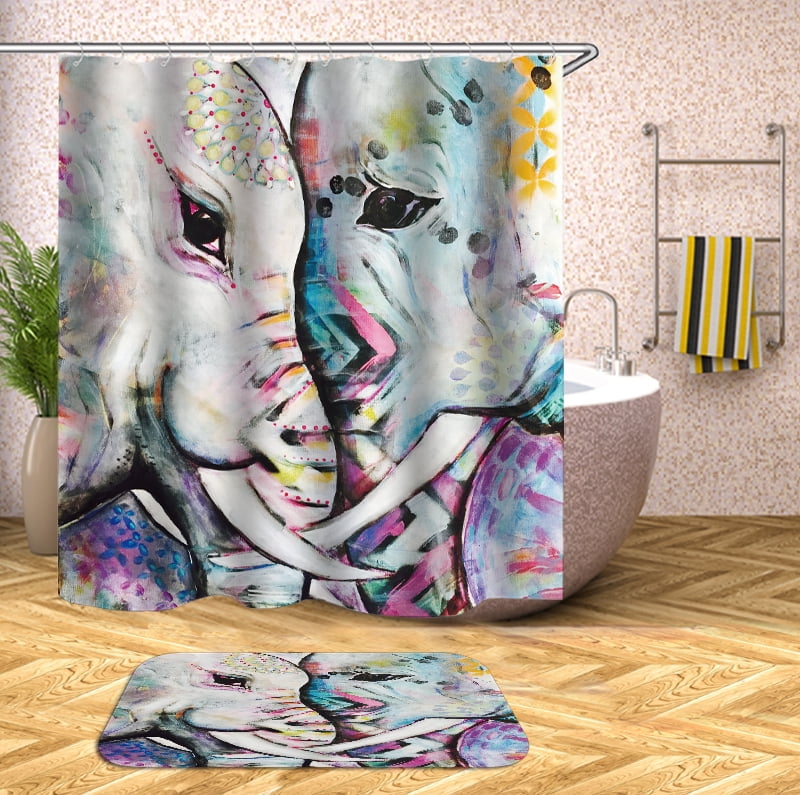 Animal Print Elephant Pattern 2 Pieces Shower Curtain Set with Rug 3D