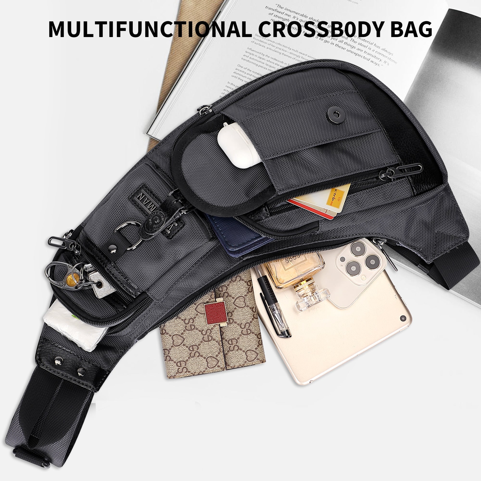 WITZMAN Sling Bag for Men Crossbody Bag Travel Sling Backpack Slim Chest Bag Lightweight Casual Daypac (B702 Silvery Grey)