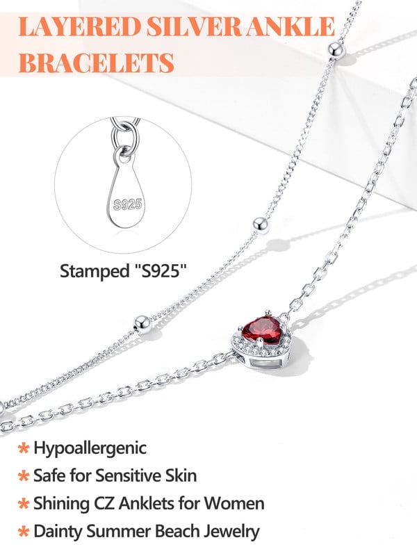 Silvora Birthstone Anklets for Women Sterling Silver Layered Waterproof Ankle Bracelets Dainty Beaded Chain Adjustable Anklet Heart Gemstone Summer Trendy Jewelry Birthday/Mothers Gift, January