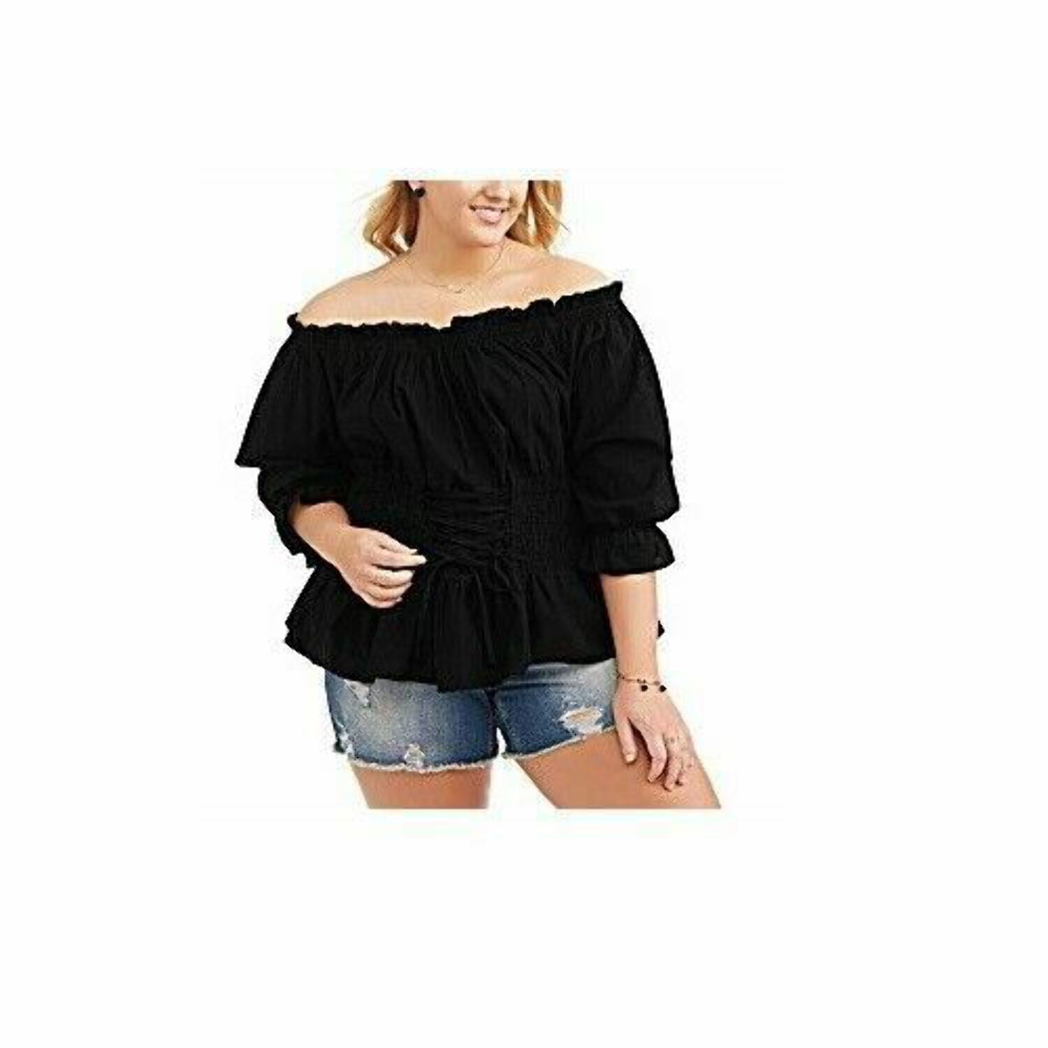Poof Blouse Junior Plus Size 1X Black Corset Tie Front --C3