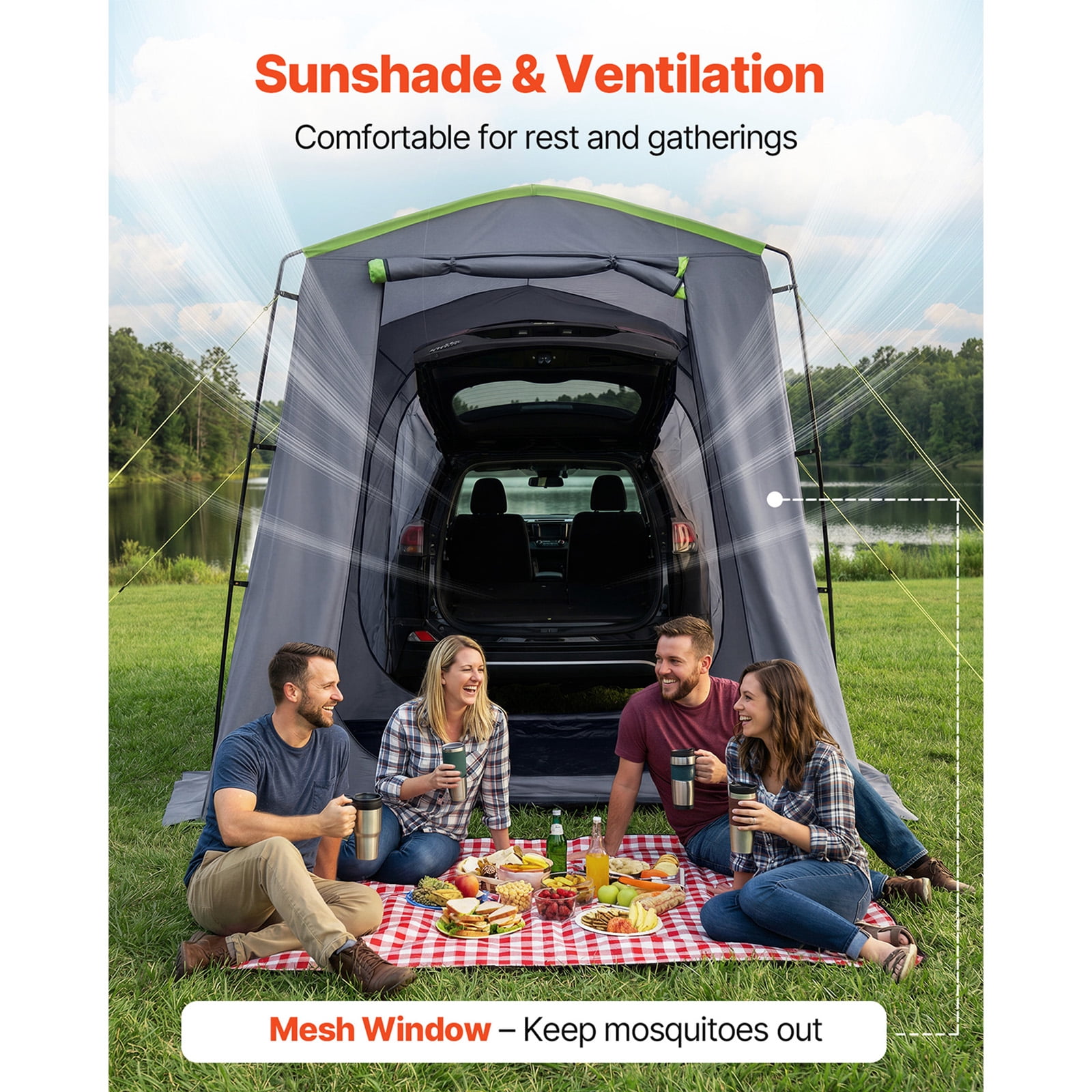 KFFKFF Large SUV Tent for 5–9 People, 10.6 x 8 FT All-Season Tailgate Tent with Ventilated Door & Mesh Windows, PU3000mm Waterproof Dual-Use Car Rear Hatch Tent for Camping and Hiking