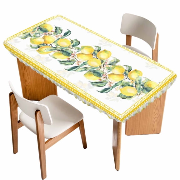 Yellow Lemon Table Cloths for 3 Foot Rectangle Tables, Summer Botanical Plaid Elegant Pastoral Patio Waterproof Elastic Fitted Tablecloths, Washable Rectangular Table Cover for Camping