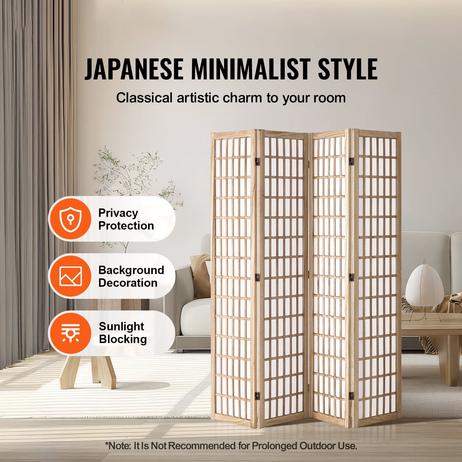 KFFKFF 4-Panel Japanese Style Room Divider, Folding Privacy Screen for Indoor Use, Portable Partition for Room Separation, Home, Office, Restaurant, and Bedroom Decoration (Natural)
