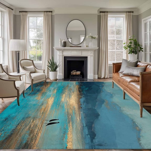 Large Area Rugs for Living Room Bedroom, Teal Golden Oil Painting 8'x10' Rug Washable Carpet Runner Indoor Outdoor, Modern Art Retro Abstract Non Slip Floor Mats Rug for Kitchen, Patio