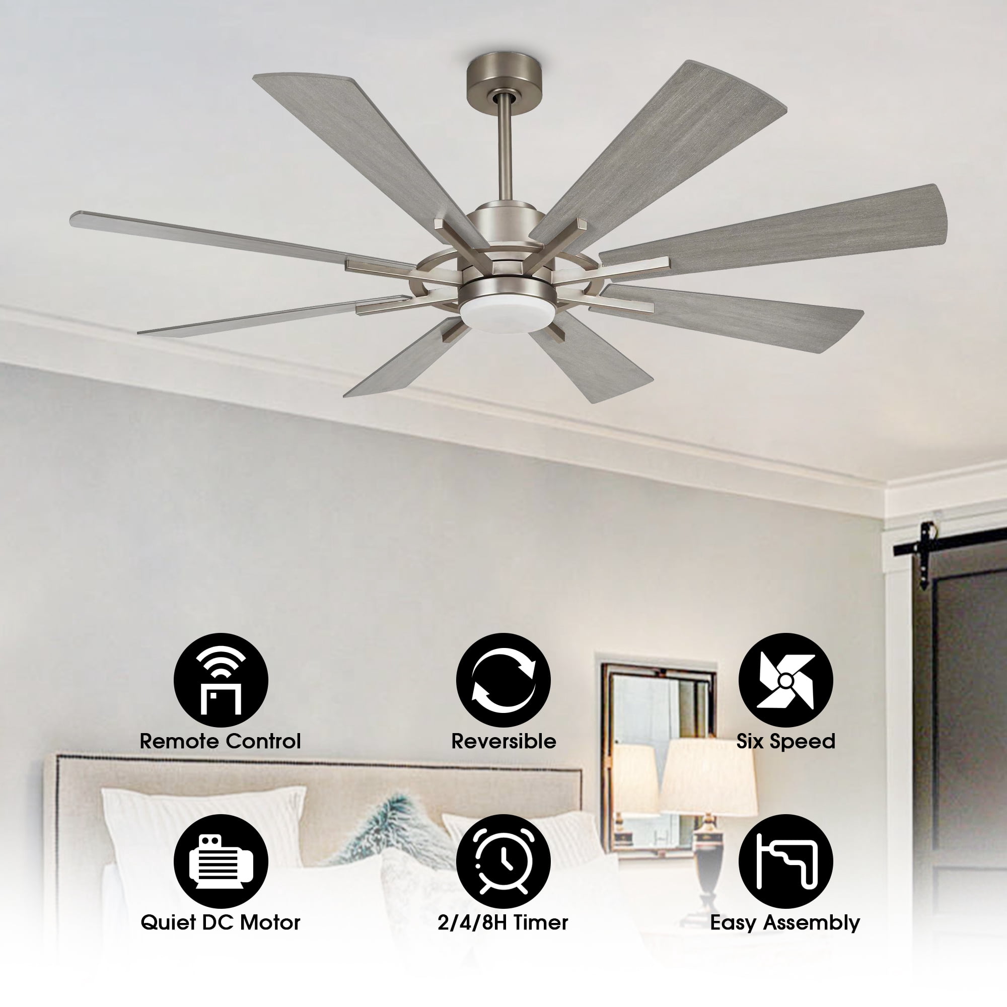 Parrot Uncle 60 inch Satin Nickel Ceiling Fan with LED Light and Remote Control