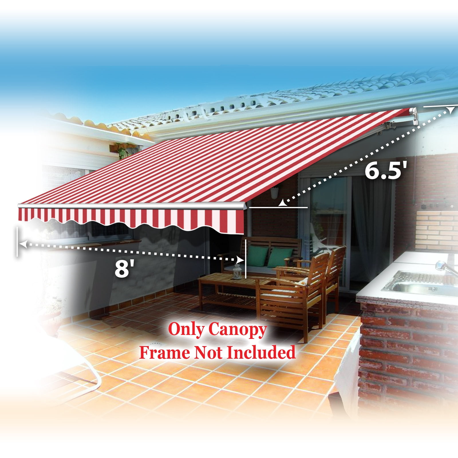 Sunrise Outdoor 8' x 6.4' Replacement Canopy for Manual Yard Retractable Patio Deck Awning Sunshade （Cover Only, Frame is not Included）-Red with White
