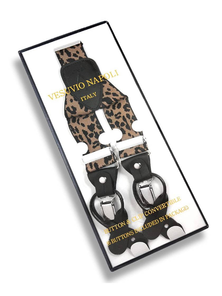 New Y back Men/'s Vesuvio Napoli Suspenders Braces clip on Black White Leopard