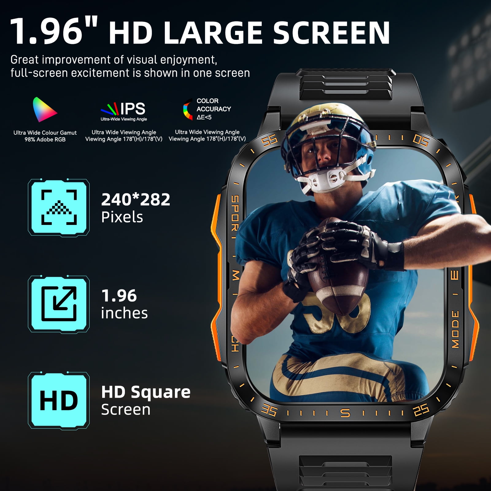 Cyberdyer Men's Smart Watch with LED Flashlight & UV Light, 1.96" HD Screen, 100+ Sports Modes, 3ATM Waterproof, 15-Day Standby, Compatible with iPhone & Android, Holiday Gift