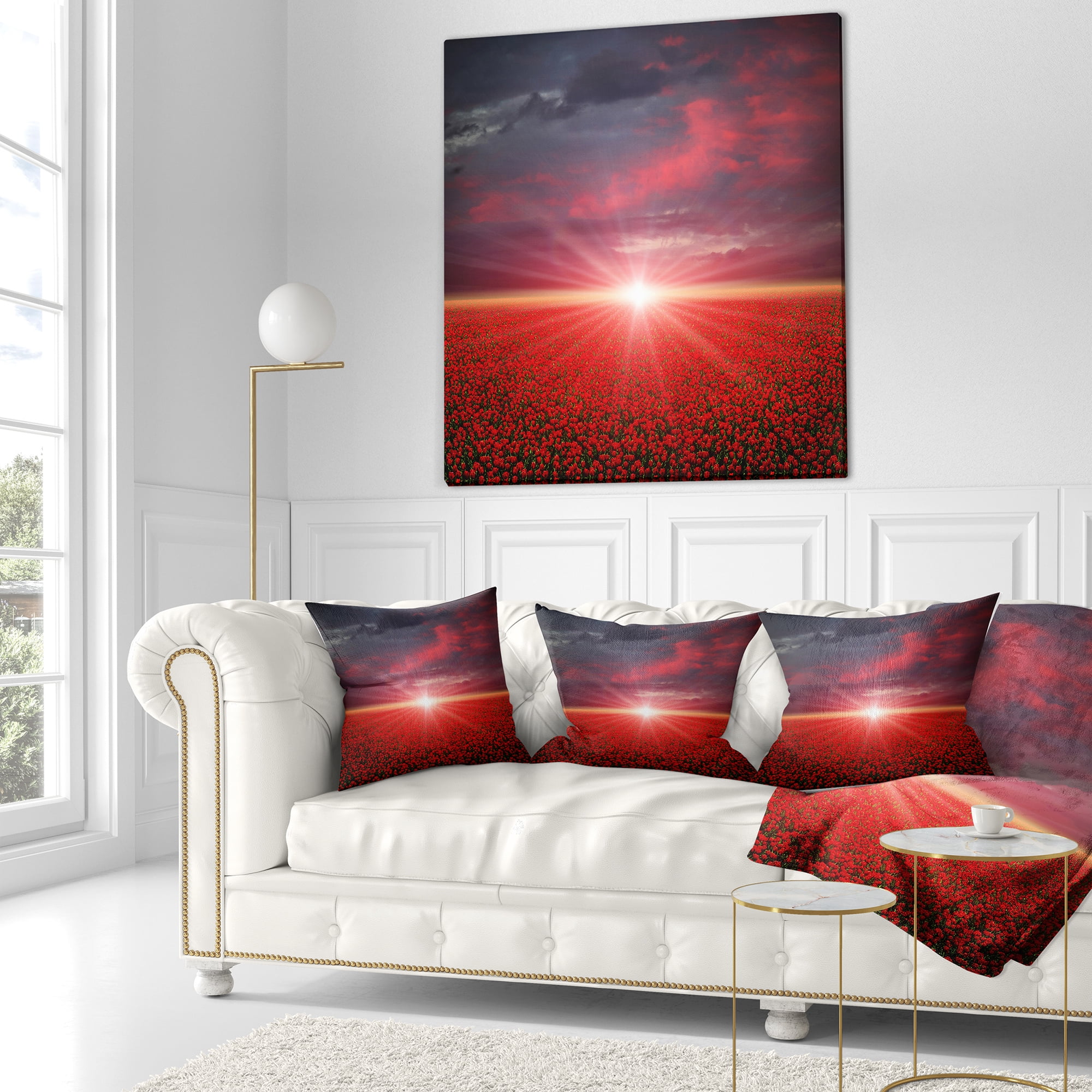 Designart Red Poppies Field at Sunset - Modern Landscape Printed Throw Pillow - 18x18