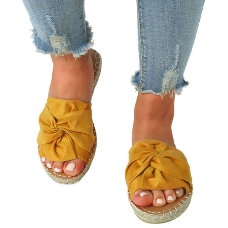

Cathalem Slippers For Women Ladies Peep Toe Linen Sole Flat Sandals Bow Rome Shoes High Heels Sandals for Women Yellow 37（US6）