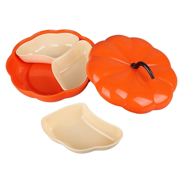 Bandeja de aperitivos con forma de calabaza para Halloween, bandeja dividida para servir, práctica y portátil para frutas secas 3 cuadrículas