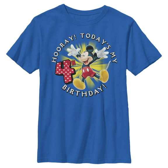 Boy's Mickey & Friends Hooray It's My 4th Birthday  Graphic Tee Royal Blue Large