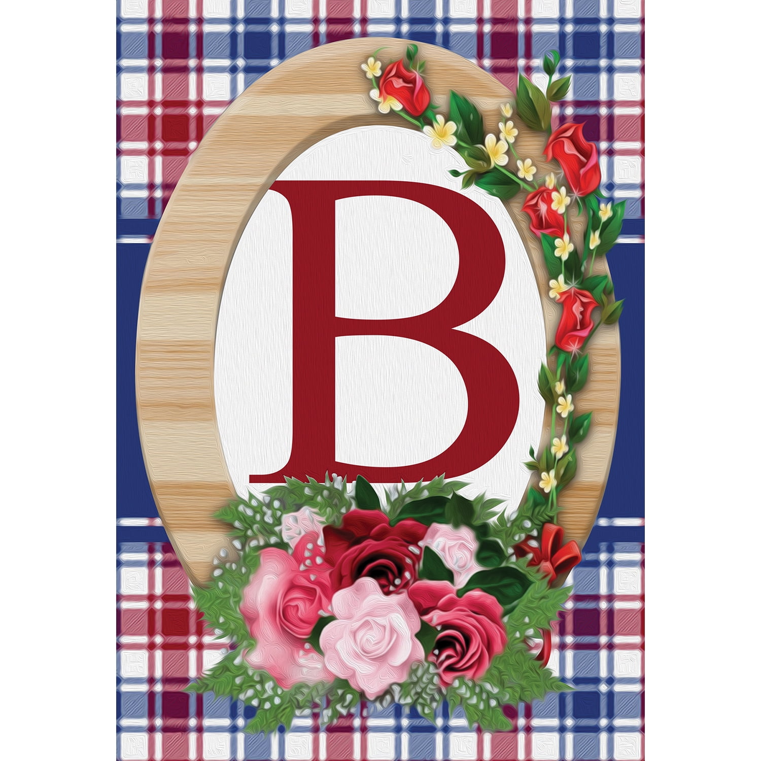 America Forever Monogram B House Flag, 28 x 40 inch Double Sided, Letter B with Roses, Floral Initial Flag, Plaid Background, Personalized Yard Decor