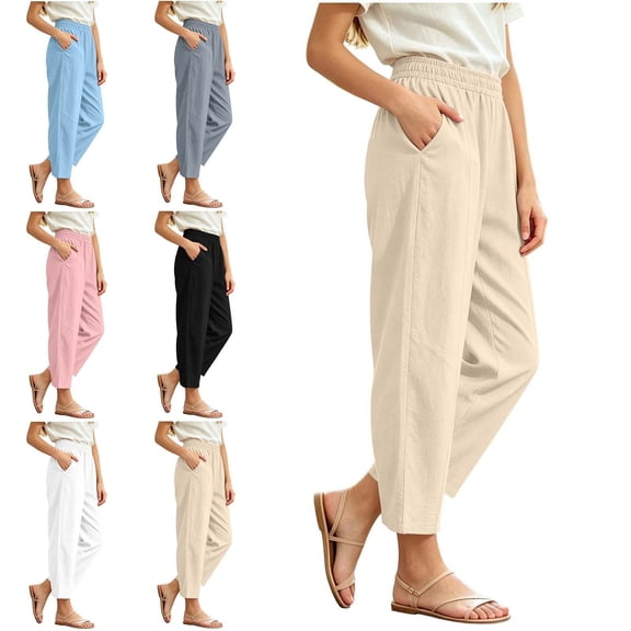 WAVSUF Girls Cotton Linen Pants, Straight Leg Side Pockets Elastic Waist Fall Daily Trousers Beige 7-8