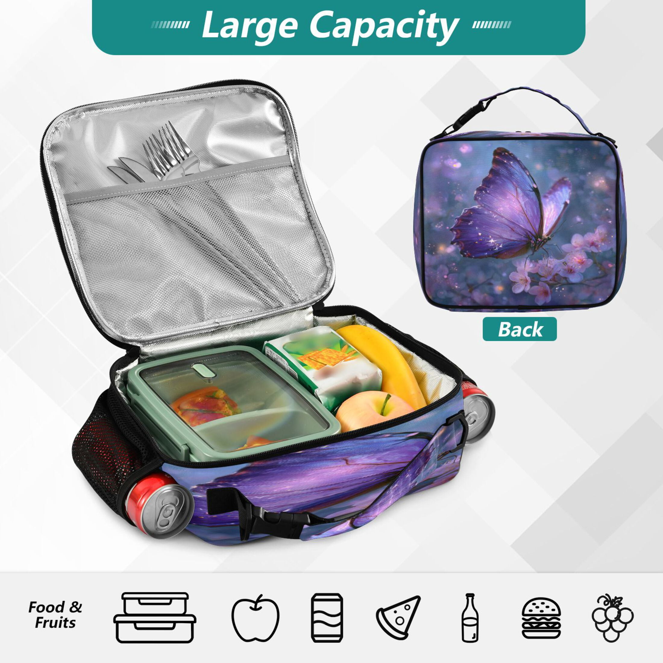 Wobogo Sakura Purple Butterfly Lunch Bag Insulated Portable Cooler Tote Bag for for Adults Kids Work Office School Picnic Beach