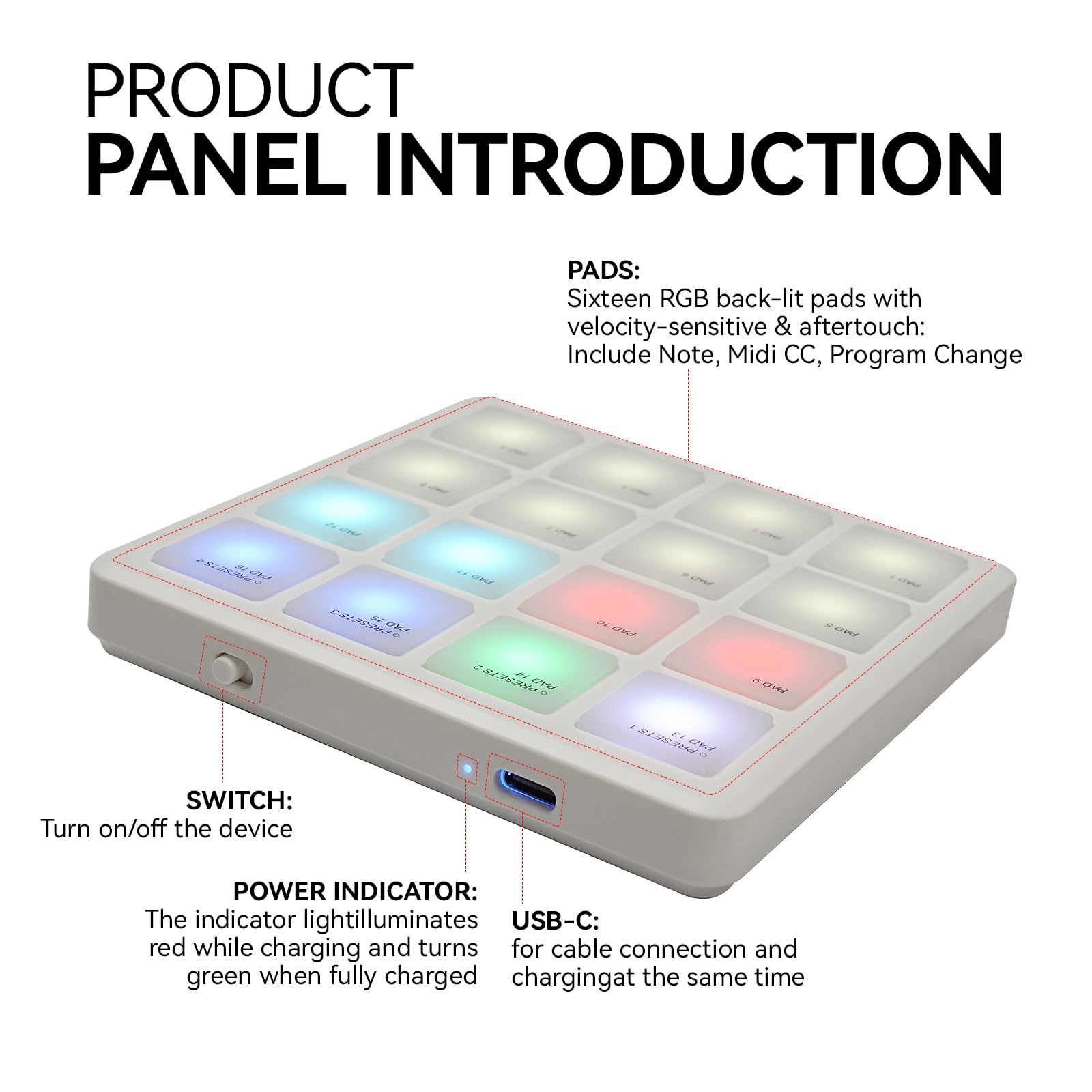 MIDI Controller Drum Pad Wireless Bluetooth MIDI Keyboard 16 Strike Pad Velocity Sensitive, Note Repeat, Full Level Buttons RGB Backlight Portable with Wired USB-C Built-in Battery