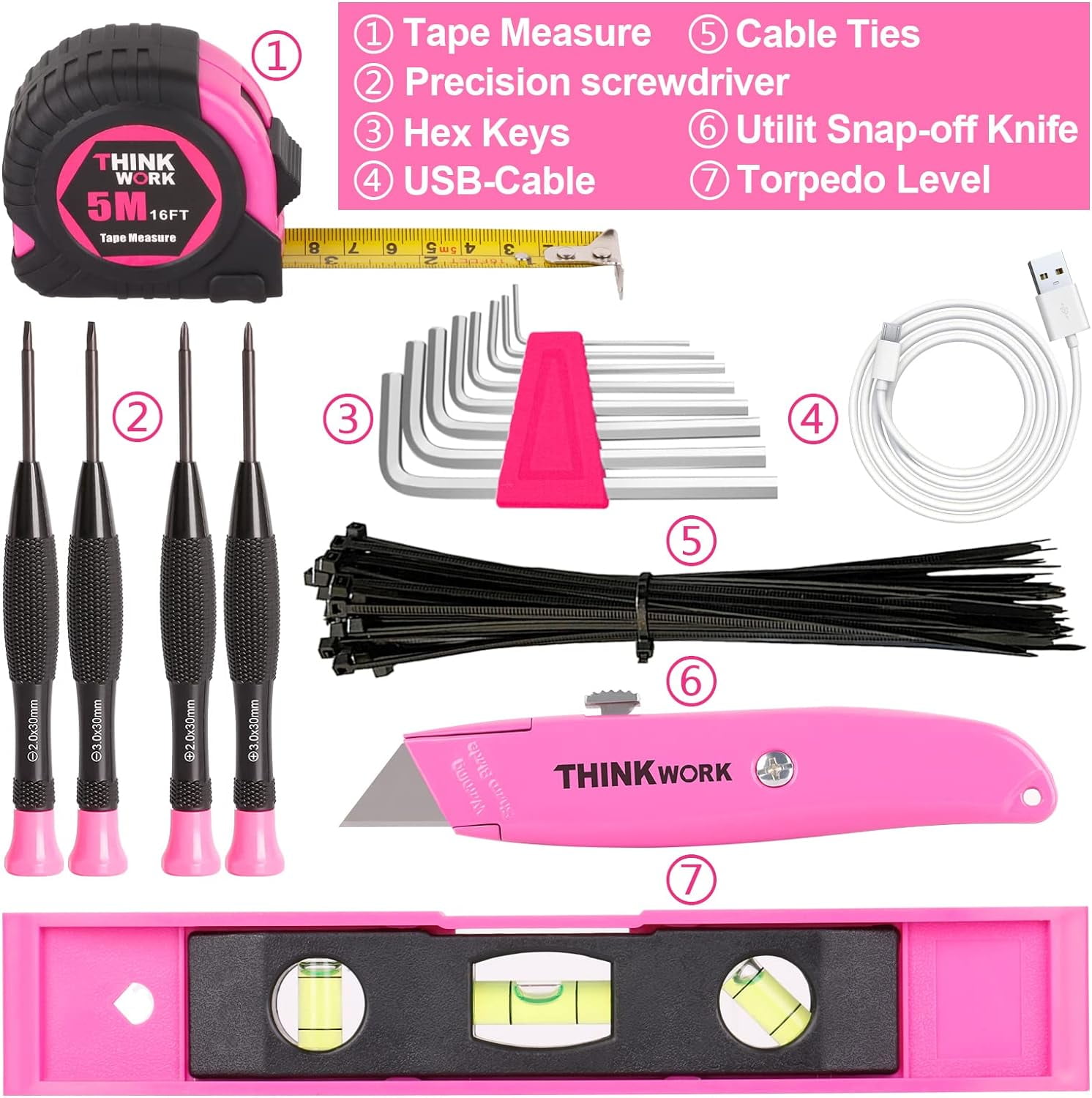THINKWORK 122-Piece Pink Tool Kit with 3.6V Rotatable Electric Screwdriver-Ladies Home Work Kit