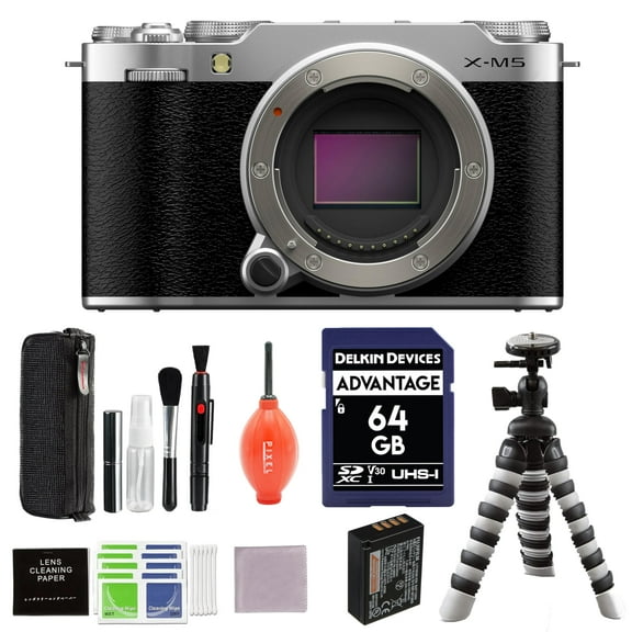 Fujifilm X-M5 Mirrorless Camera (Silver) with Flexible Tripod, 64GB SD Card & More Additional Accessories