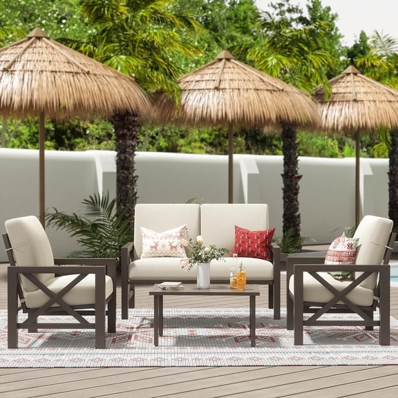 NATURAL EXPRESSIONS 4 Piece Metal Outdoor Patio Furniture Conversation Set, Beige