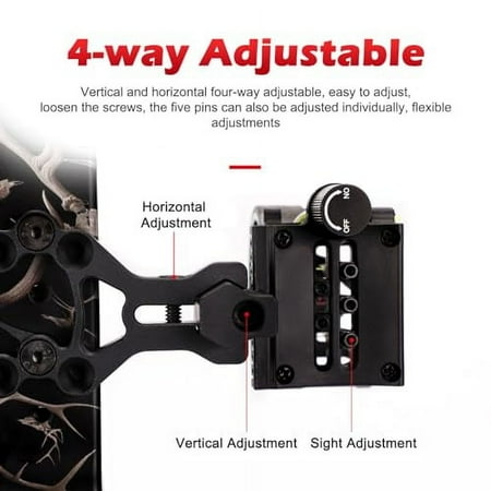 Aluminum Alloy Compound Bow Sight 5 Pins 0.019 Bow Sight with Sight Light Archery Accessory
