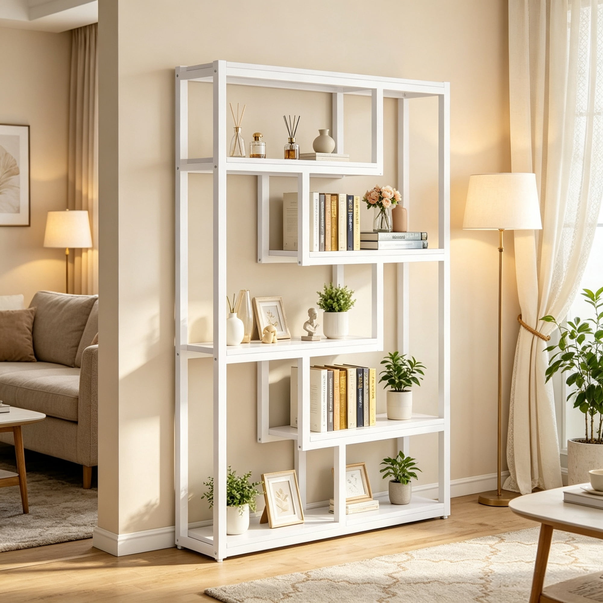 69 in Etagere Bookshelf, 5 Tier Bookcase with Stagge Shelves