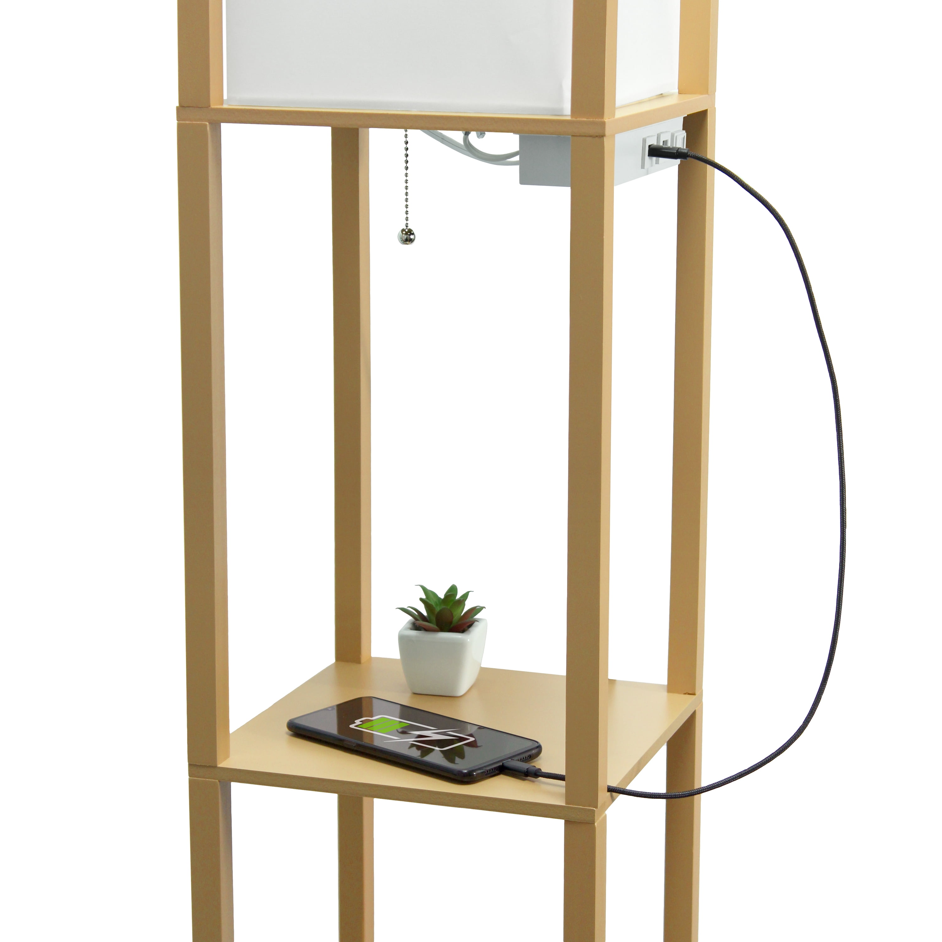 Simple Designs 62.5" 3-Shelf Etagere Floor Lamp with USB, Outlet & LED Bulb, Tan
