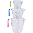 thumbnail image 1 of Juego de jarras medidoras para uso en cocina y laboratorio, tazas medidoras de plástico transparente con medidas exactas, mango antideslizante para un agarre cómodo, 1 of 5