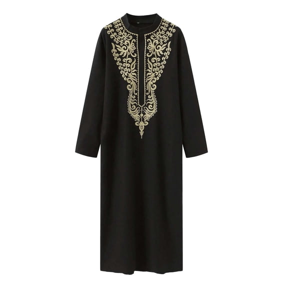 IWRICH Men's Gold Embroidery Long Kaftan Gown Arabic Abaya Dress Thobe Middle East Saudi Arab Kaftan Black XL