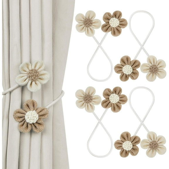 4 Pack Flower Curtain Tiebacks, Boho Flower Curtain Holdbacks, Decorative Window Drape Twist Tie Backs for Bedroom Curtains Decorations(Beige Khaki )