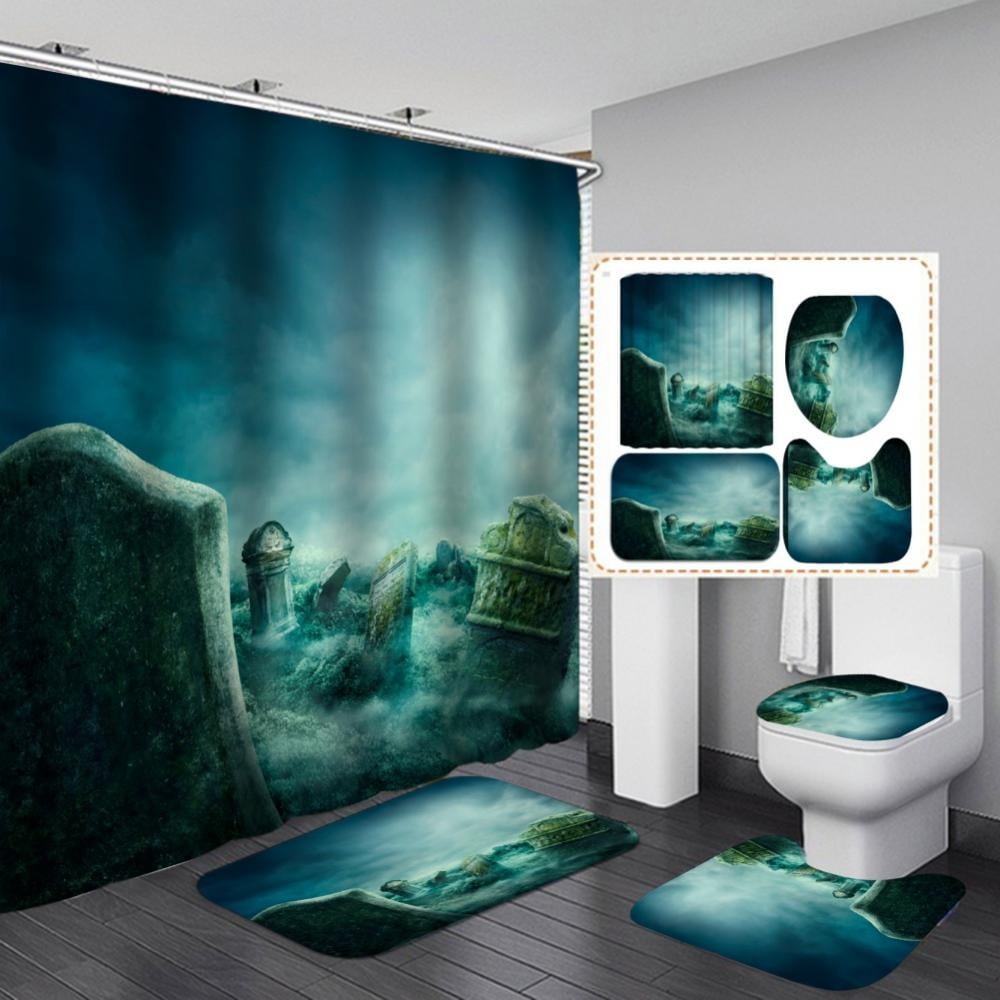 4Pcs Skull Bathroom Set Shower Curtain Toilet Lid Cover Bath Mat Non-Slip Rug 