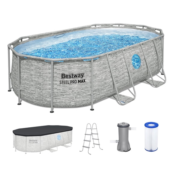 Bestway Power Steel Swim Vista 14’ x 8'2" x 39.5” Metal Frame Above Ground Pool, Stone