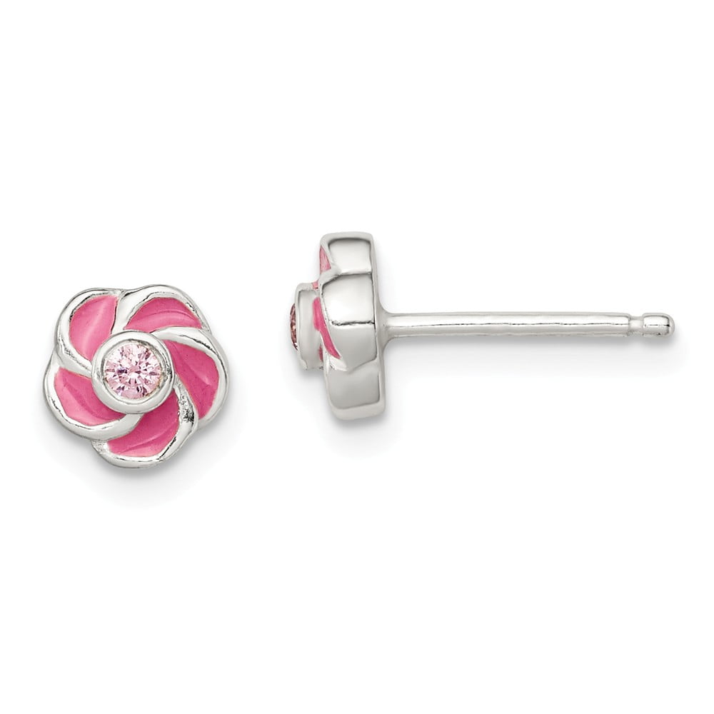 925 Sterling Silver Polished Enamel Flower CZ Post Earrings 925 Sterling Silver Polished Enamel Flower CZ Post Earrings